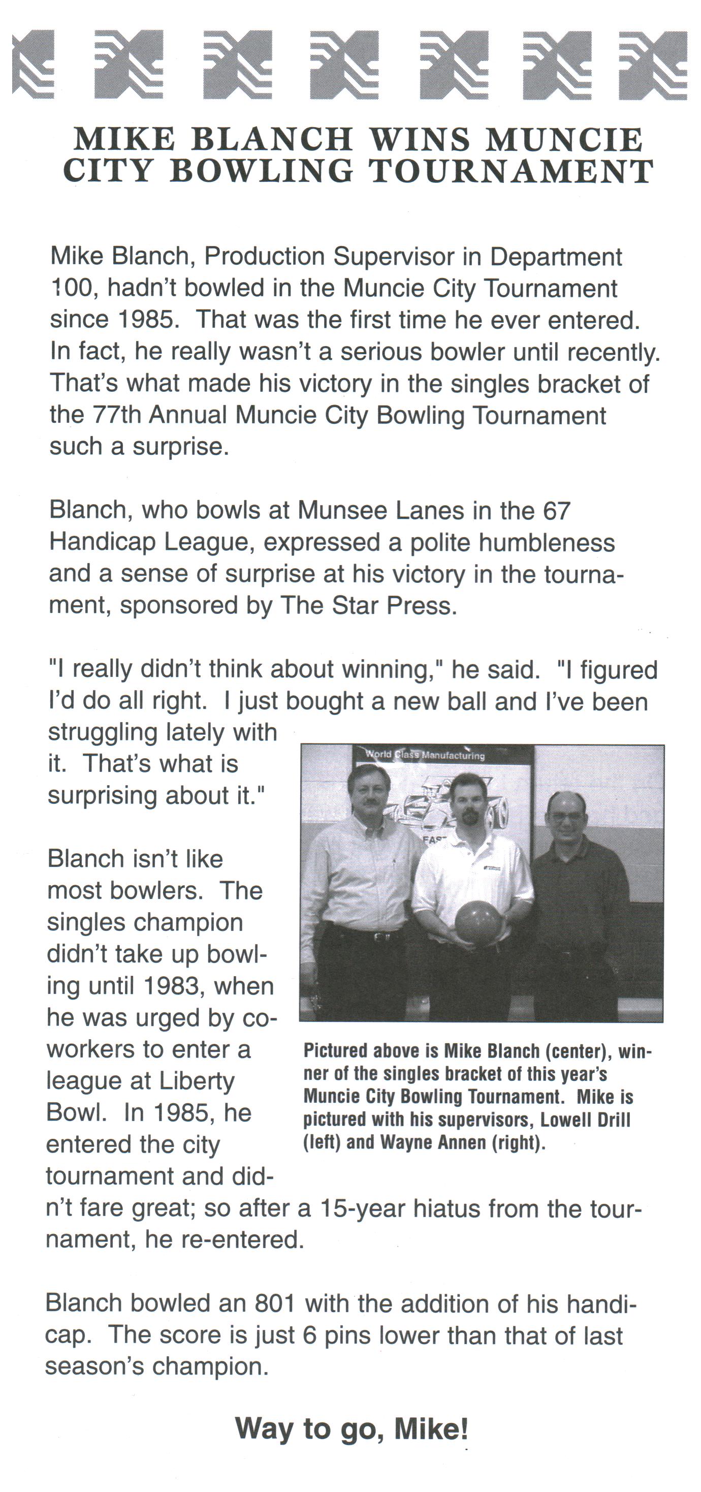 "Mike Blanch Wins Muncie" newspaper clipping