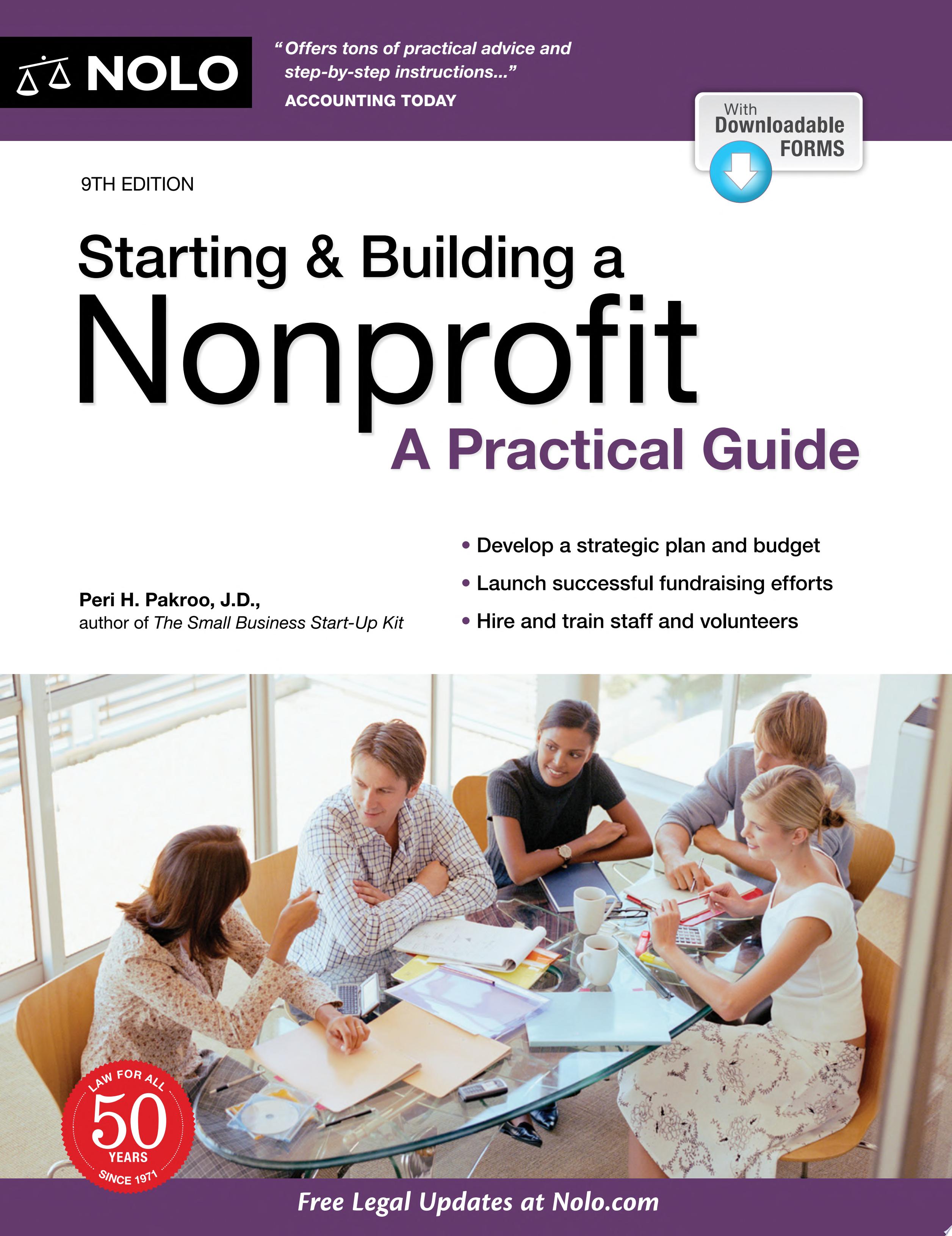 Book cover art for "Starting and Building a Nonprofit" with photo of five adults having a meeting.