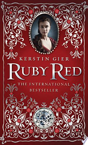 Cover art for "Ruby Red" with portrait of a young woman framed with silver filligree and ruby gemstones.