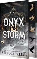 Cover art for "Onyx Storm" with dragon silhouette 