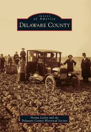 book cover for Delaware County, several people standing around an old school car on a dirt road.