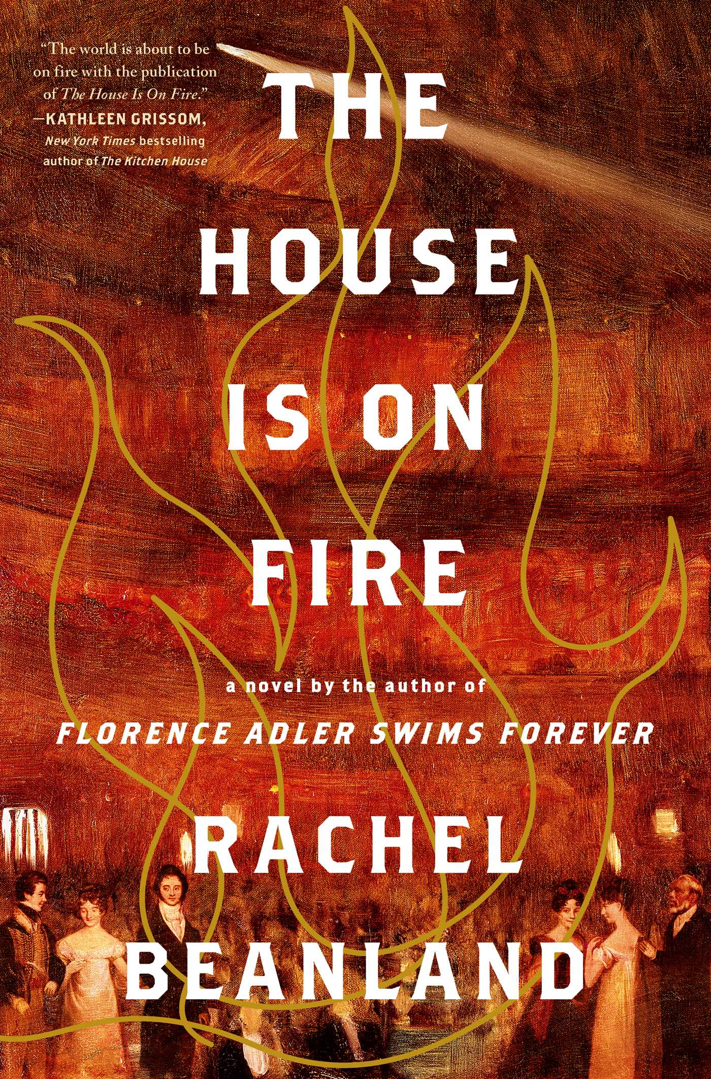 Book cover for The House is on Fire, read cover with fire outline, and people on the bottom.