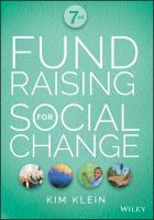 Cover art for "Fundraising for Social Change" showing images of smiling people holding signs, flowering plants, a child at a chalkboard, and forestry, evokative of various social issues.