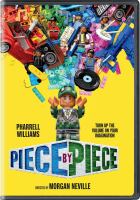 Cover art for "Piece by Piece" showing a car, drums, musical record, and other assorted items made of interlocking blocks and a happy character holding his arms up.