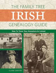 book cover of the family tree Irish Genealogy Guide: how to trace your ancestors in Ireland, cream, orange, and green cover with 3 older pictures, one of an house with 2 people standing outside, one of a women wearing a hat, one of 3 gentleman wearing hats and suits