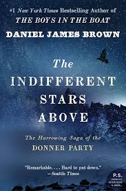 Book cover for The Indifferent Stars Above, blue background with snow covered mountain on the bottom.