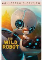 Cover art for "The Wild Robot" with robot gently holding small animal.