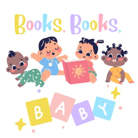 promotional image for Muncie Public Library's program "Books, Books, Baby!" held every Wednesday at 10:30am at Kennedy Library, four babies and a book near the text "Books, Books, BABY"