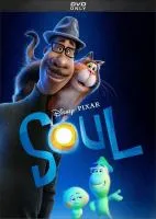 promotional image of Disney's movie "Soul." Black man with cat on shoulder and two small blue creatures.  